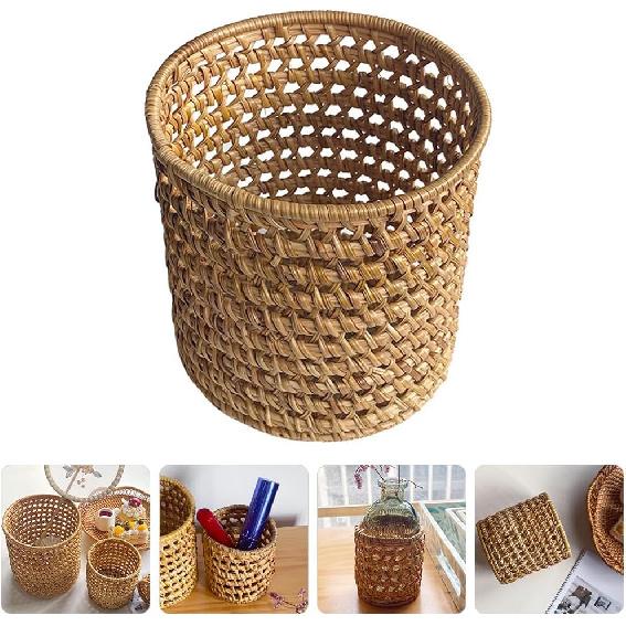 Amosfun Rattan Pencil Holder Woven Wicker Makeup Brushes Organizer Cup Home Office Vine Desk Organizer Storage 3 X 3 X 3 Inch