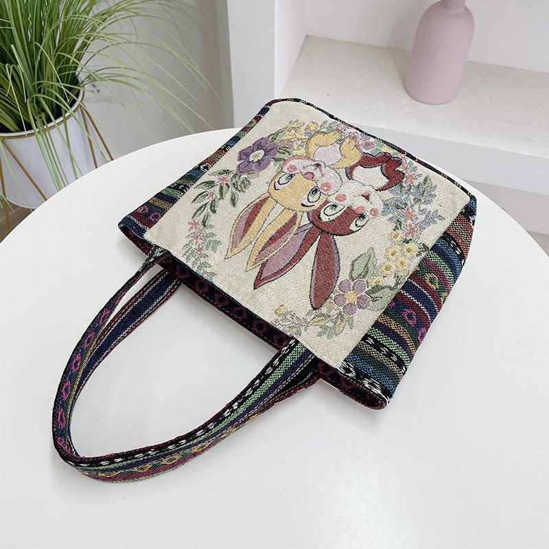 Elephant Embroidered Canvas Handbag With Dual Handles For Casual Daily Use