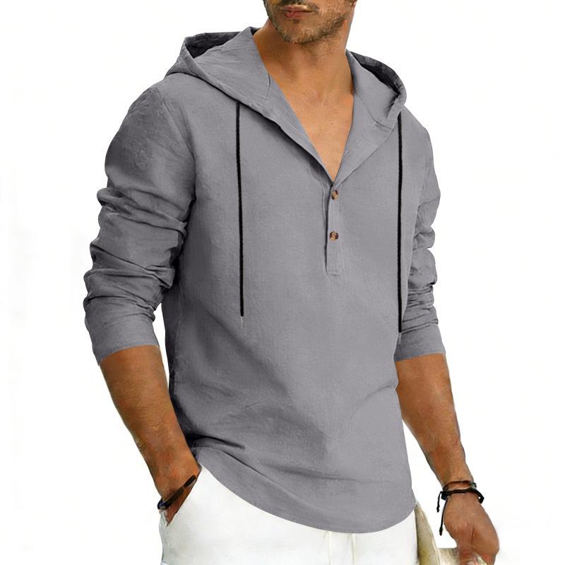 Men's Plus Size Linen Long Sleeve Hoodie, Casual Color Pullover
