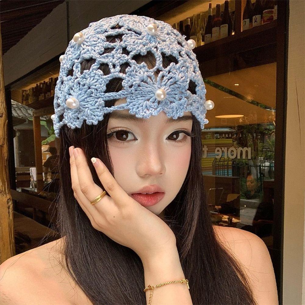 Retro Elegant Hollowed Out Knitted Hat Thin Flower Bohemian Style Beanies Solid Color Pearl Weave Cap Outdoor