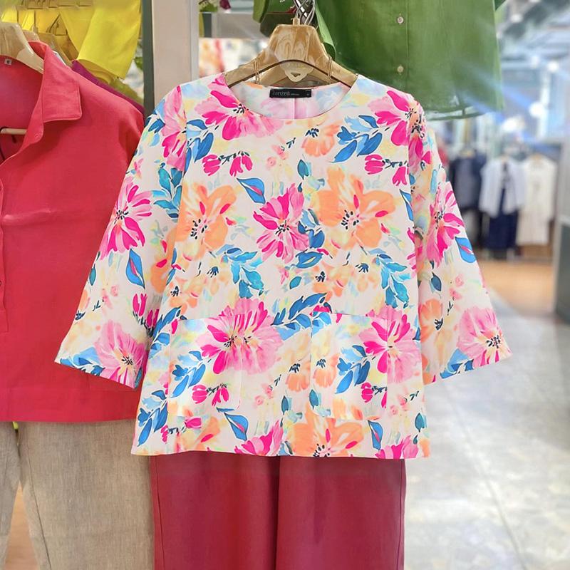 

ZANZEA Женская повседневная блузка с круглым вырезом и рукавом 3/4 с цветочным принтом XL