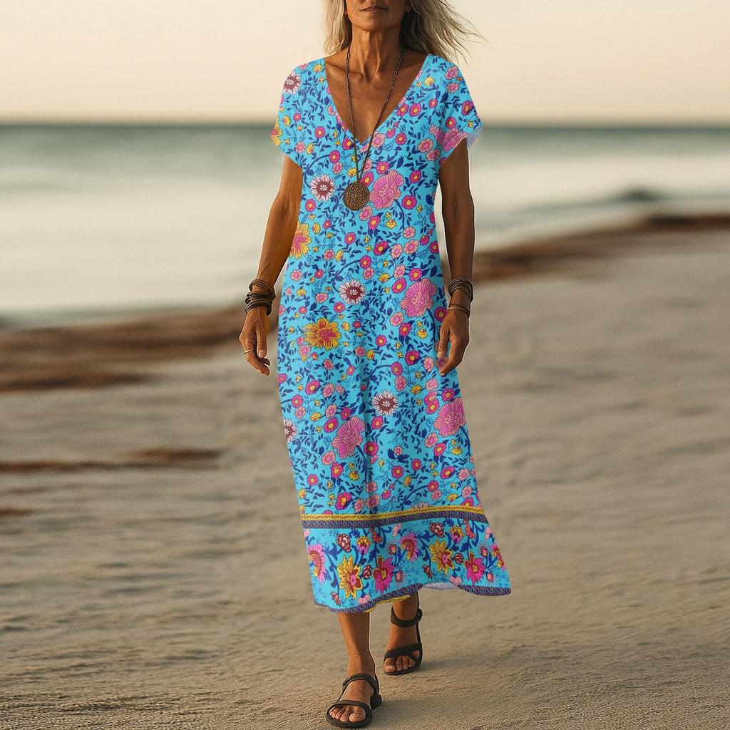 Letní šaty Dámské Dlouhé Boho Plážové šaty Elegantní Maxi šaty Výstřih do V Krátký rukáv Letní Tunikové šaty Lehké Vzdušné