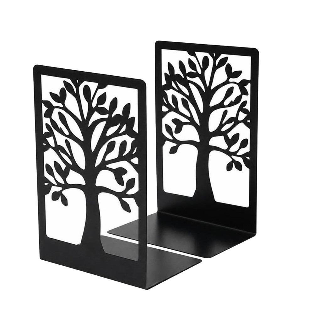 2Pcs Hollow Tree Pattern Metal Bookends T-Shape Non-slip Book Holder  Gift