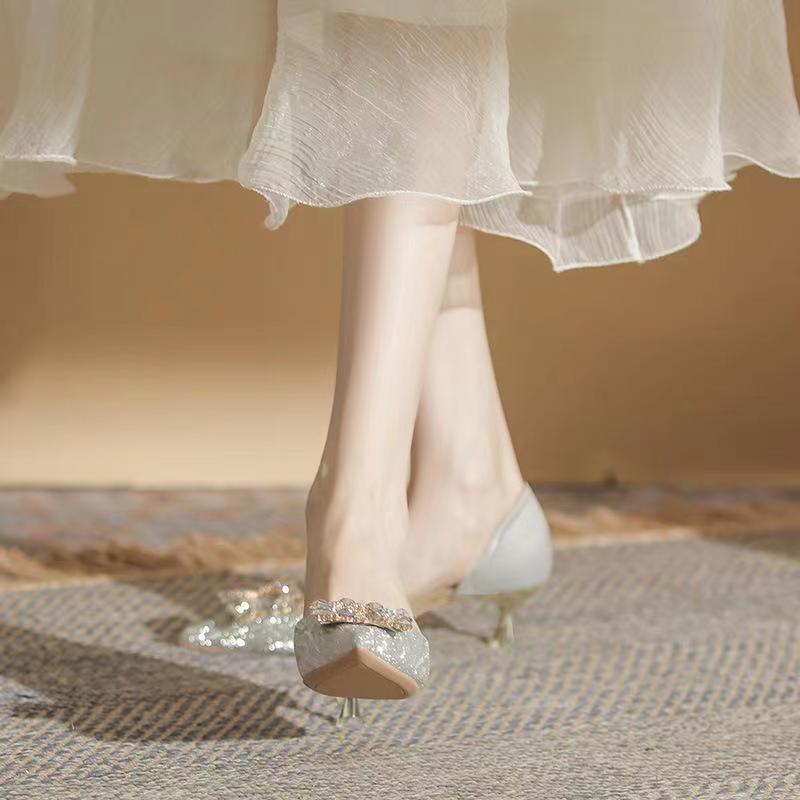 Fashion Women's Spring New Sequin Square Buckle Rhinobarrhine-head Shallow Mouth Empty Breathable High Heels