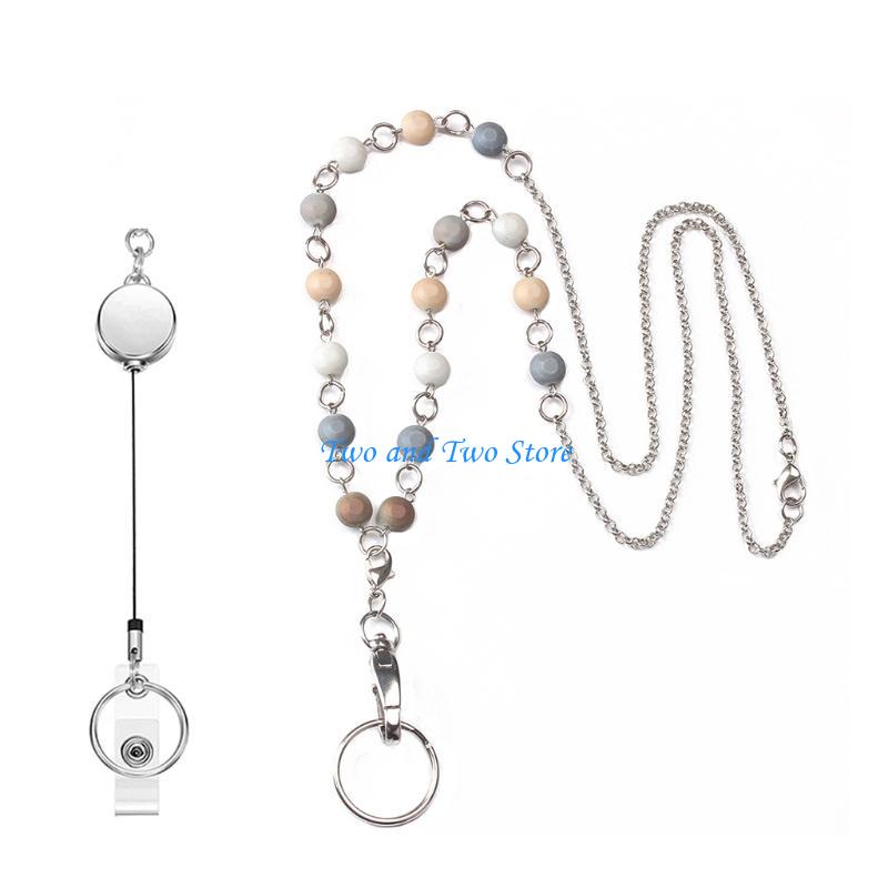 HX6F Women Beaded Chain Necklace Retractable Badge Reel Lanyard Badge Holder Gift