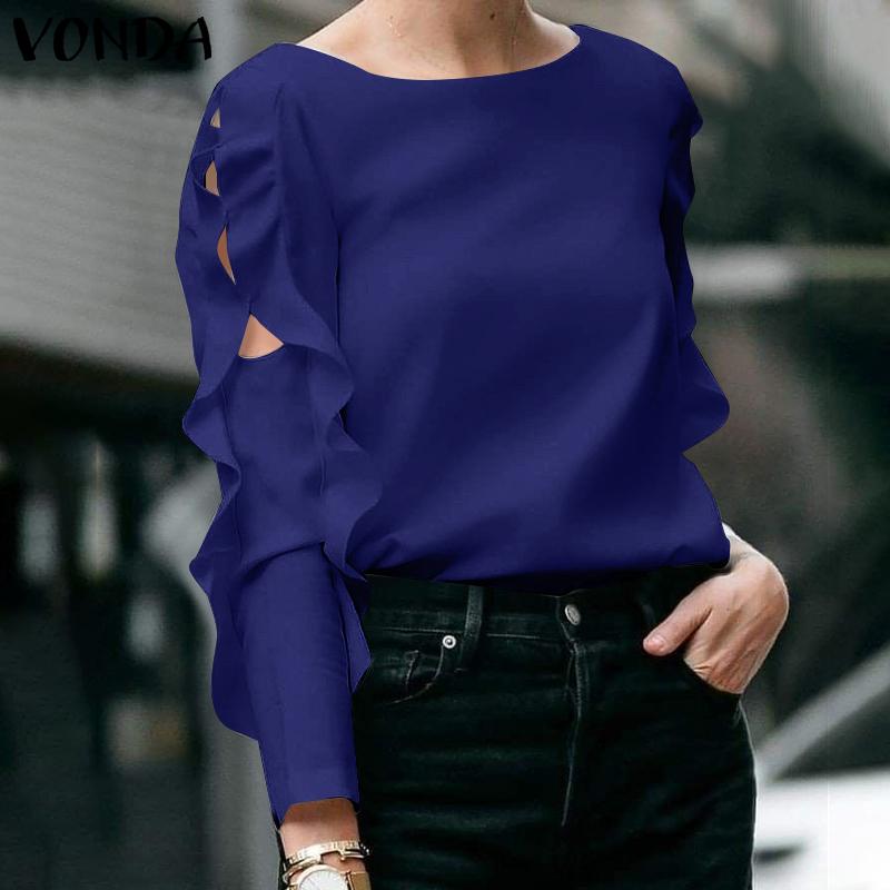 VONDA Womens Summer Fashion Round Neck Puff Long Sleeve Blouse