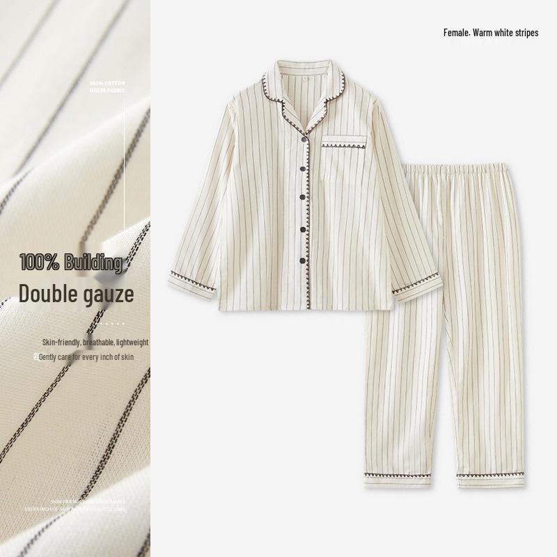 Simple 75 Women s All-Cotton Gauze Long-Sleeve Sleepwear Set, Spring 2026 Collection, Plus Size M (100-115 jin)