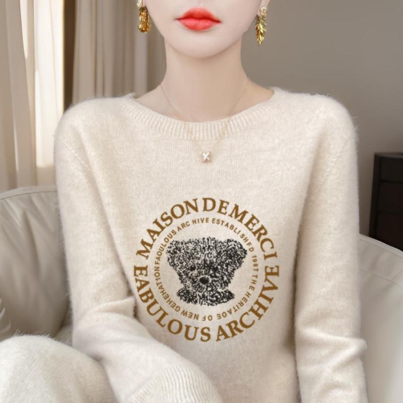 Fresh Korean Style Women's Andy Fleece Printed Sweater - Round Neck, Long Sleeve, Autumn Knit Base Layer