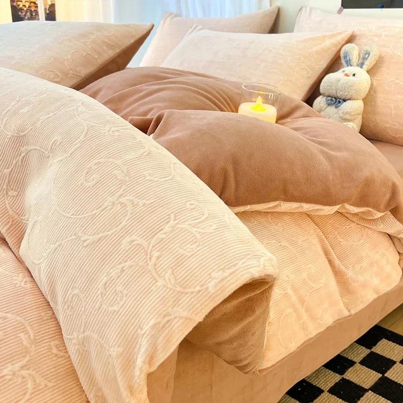 Winter Dickes Bedrucktes Milchsamt Vier-Teile-Set Bequem und Warm Kurzplüsch-Bettbezug 3-teiliges Set Kinderbettlaken