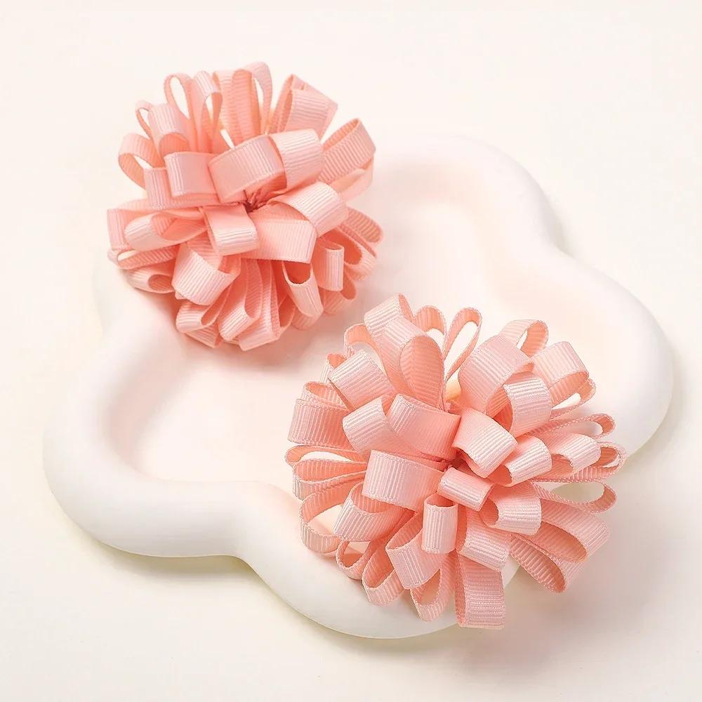 2pcs/set 2.76'' Elastics Ribbon Flower Ball Hair Band for Girls Princess Big Grosgrain Hairrope Pretty Hair Tie Accessories Gift