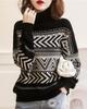 Fair Isle Pattern Jacquard Knit Long Sleeve Sweater Top Warm Fluffy Sleeves [J.SCOTT] Women's JS35-BK-L