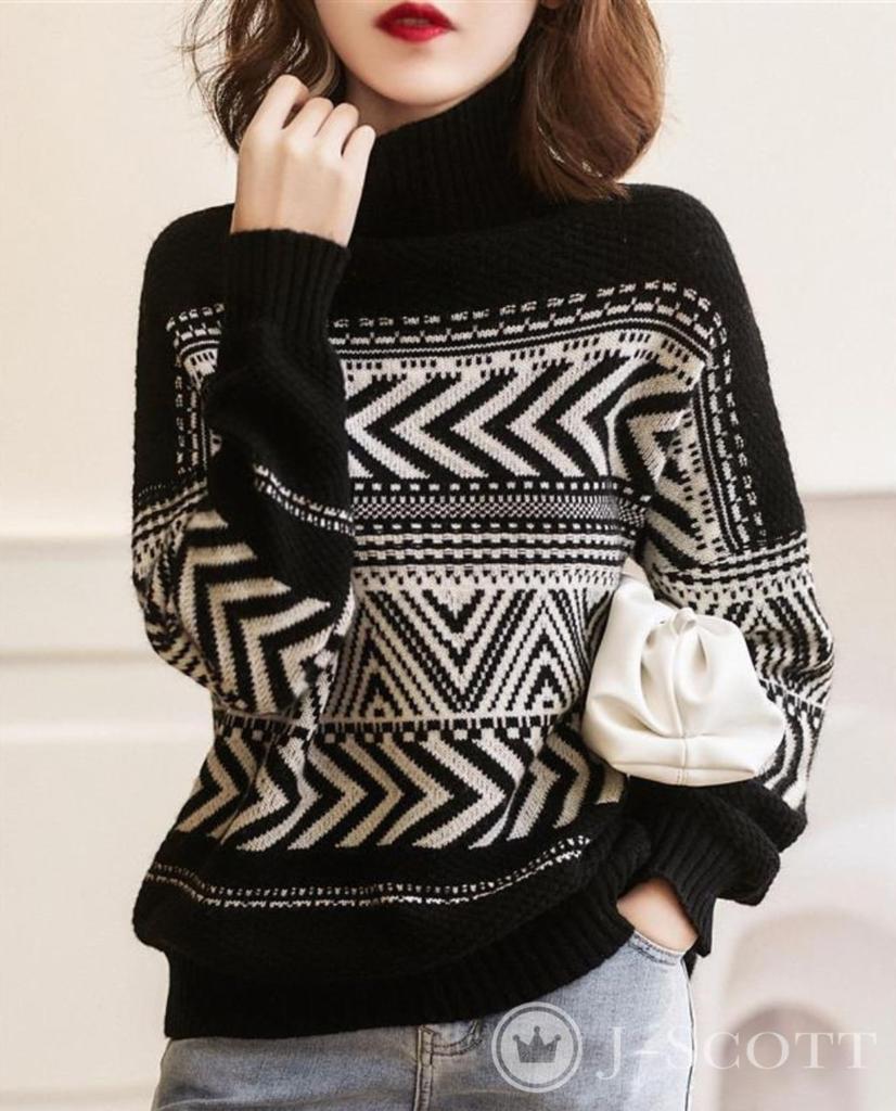 Fair Isle Pattern Jacquard Knit Long Sleeve Sweater Top Warm Fluffy Sleeves [J.SCOTT] Women's JS35-BK-L