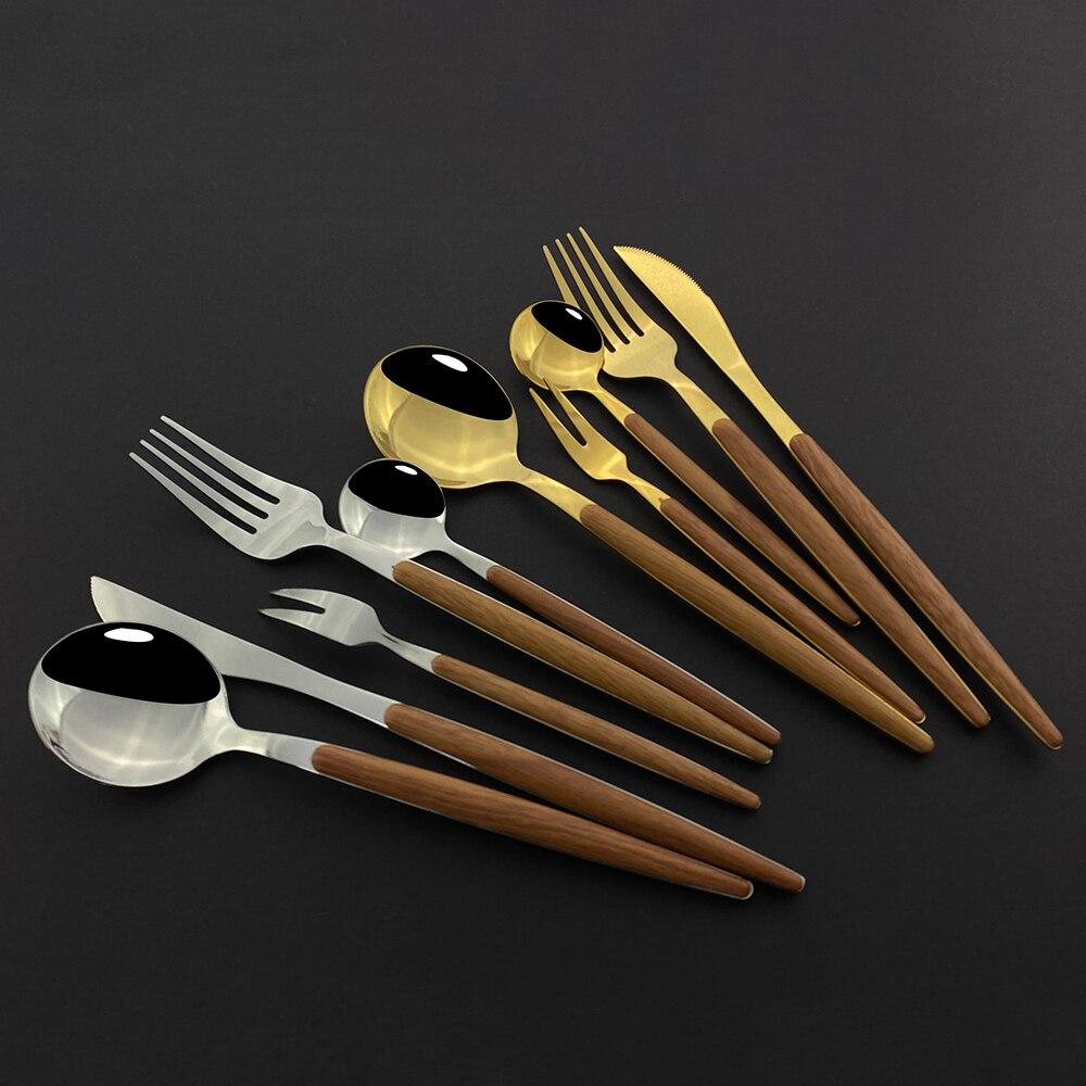 30 ks Nádobí Se Dřevěná rukojeť Příbory z nerezové oceli Nůž Dort Vidlička Lžíce Stolek Sada příborů S plastovým odkládacím táckem