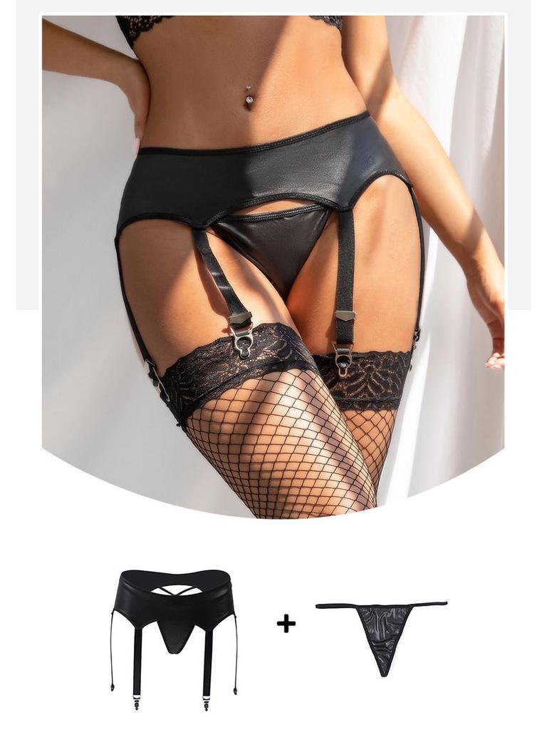 Classic Black Leather Women's Adjustable Garter Panties