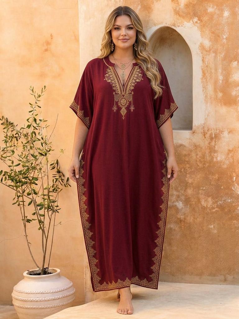 Women's Plus Size Loose Embroidery Kaftan V Neck Short Sleeve Side Split Long Caftan Beach Coverup Maxi Dress Holiday Resort Vacation Outfit  Q1545