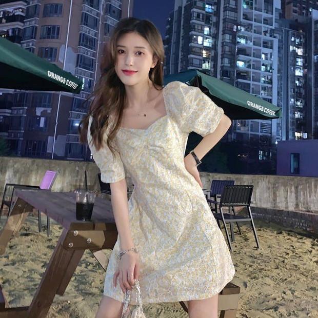 Floral bubble sleeve dress women's design sense summer new small fresh and sweet short-sleeved student short skirt