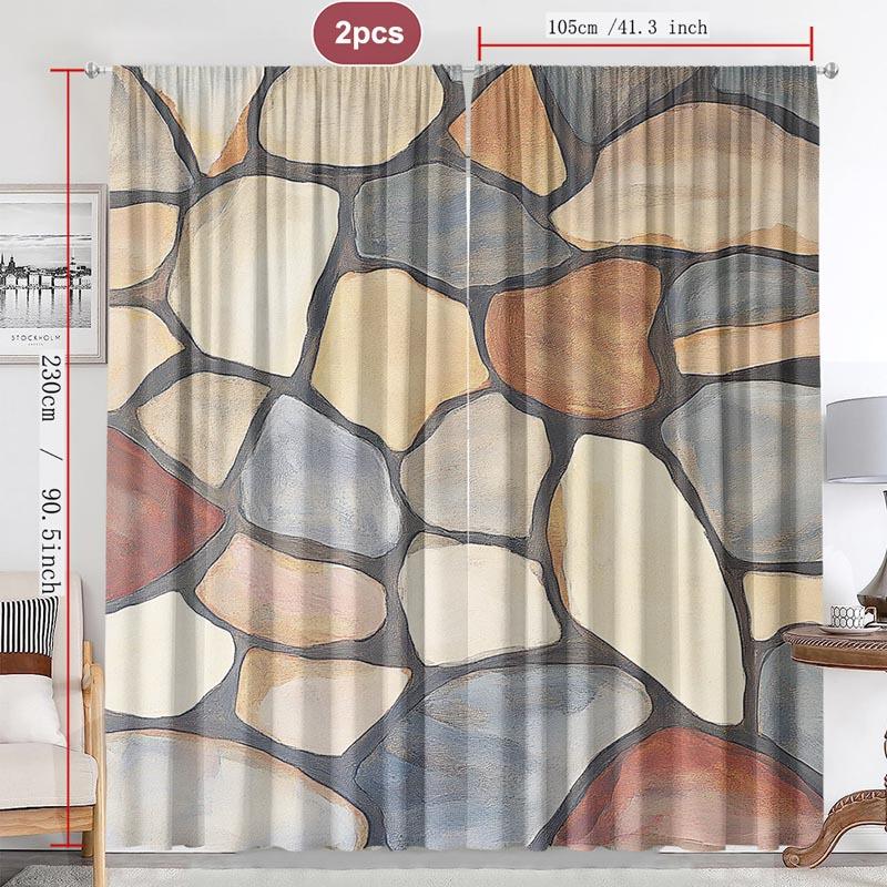 Colorful Pebble-Print Curtains Set of 2 – Soft Abstract Stones, Rod Pocket Semi-Sheer Drapes for Kitchen & Living Space