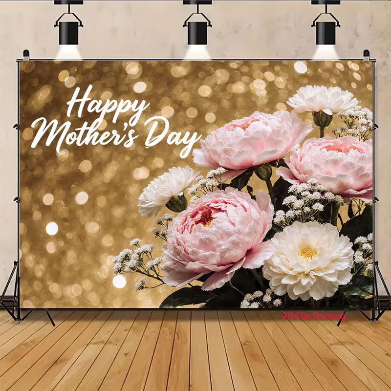 2D Happy Mother's Day Backdrop with Pink Peony and Gold Bokeh Photography Background