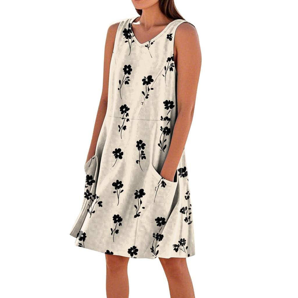 Ärmelloses Damen-Sommerkleid mit V-Ausschnitt, Blumendruck, lässig, mit Taschen, lockere Passform, leicht, für den täglichen Gebrauch