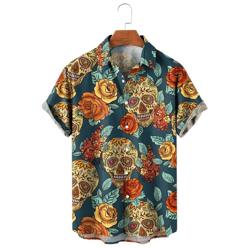 Punk Straw Hat Skull Graphic Shirts For Men Clothing Casual Hawaiian Vacation Short Sleeve Fashion Men's and Women's Beach Shirts Y2k Tops