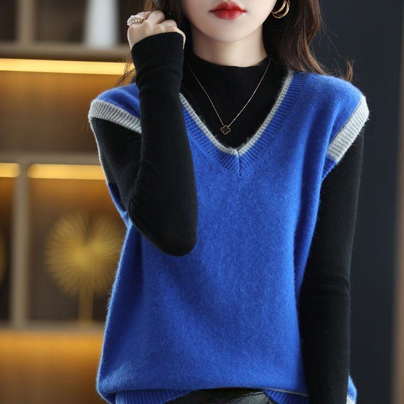 V Neck Knitted Sweater Vest, Casual Solid Color Sleeveless Top for Fall & Winter, Women's Clothing