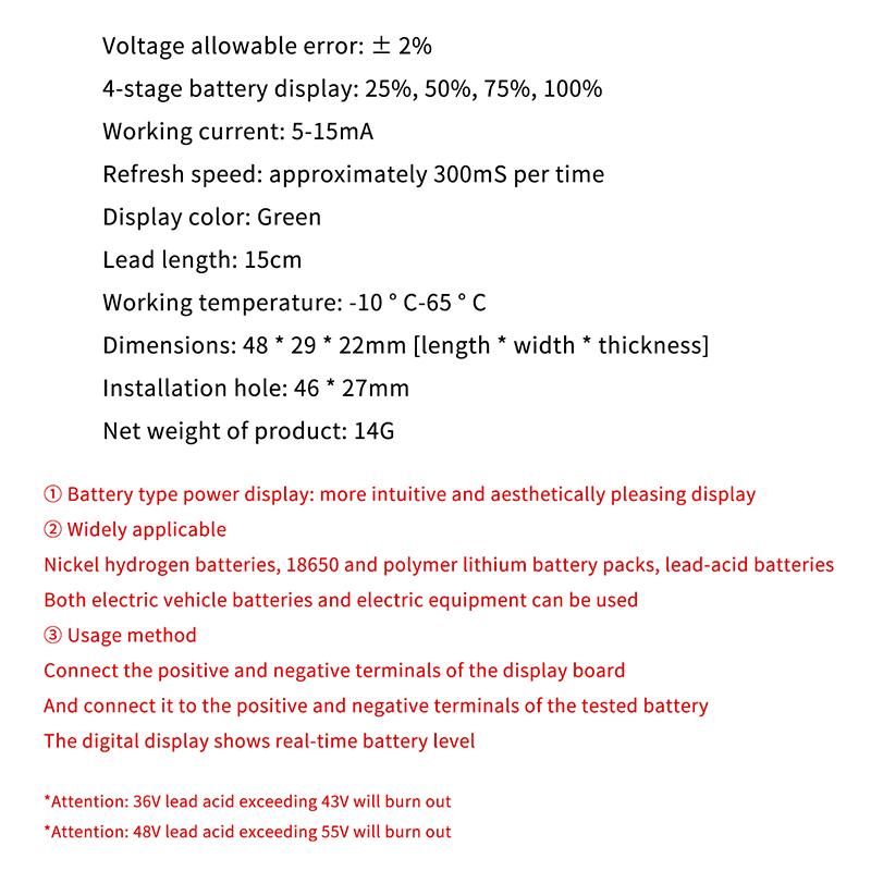 Two-Line Electric Vehicle Voltage Meter, Battery, Battery Charge Percentage Display Meter