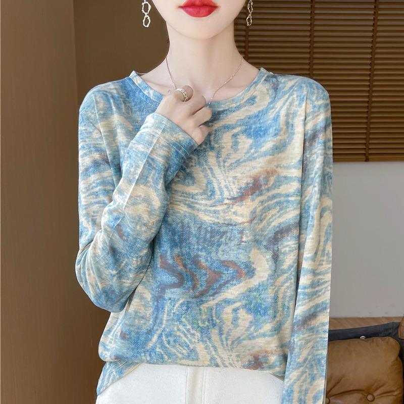 Spring And Autumn Long Sleeve Retro Printed T-Shirts Women Basic Casual Tops Female Cozy Loose Tees Harajuku T Shirt