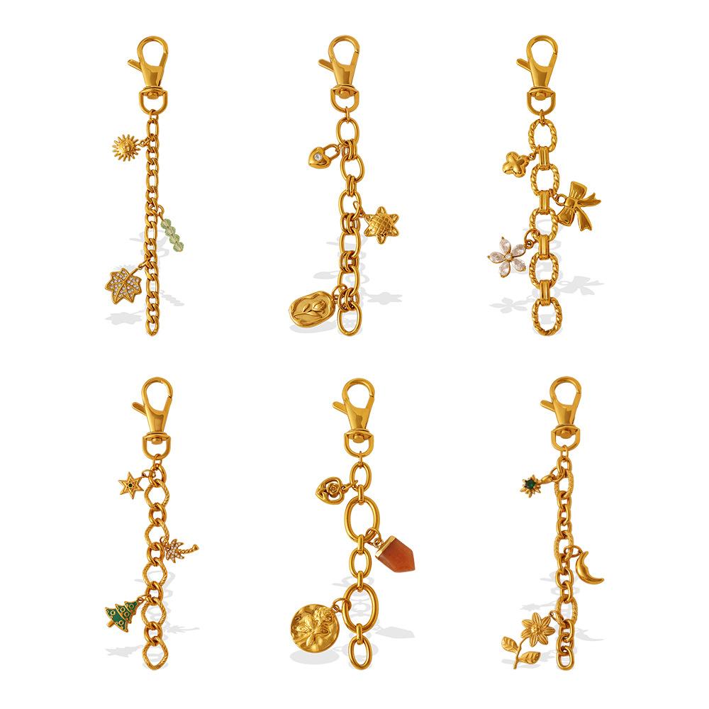 Ins Y2K Flower Natural Stone DIY Pendant Keychain, 18K Gold Plated Multi-element Pendant Chain