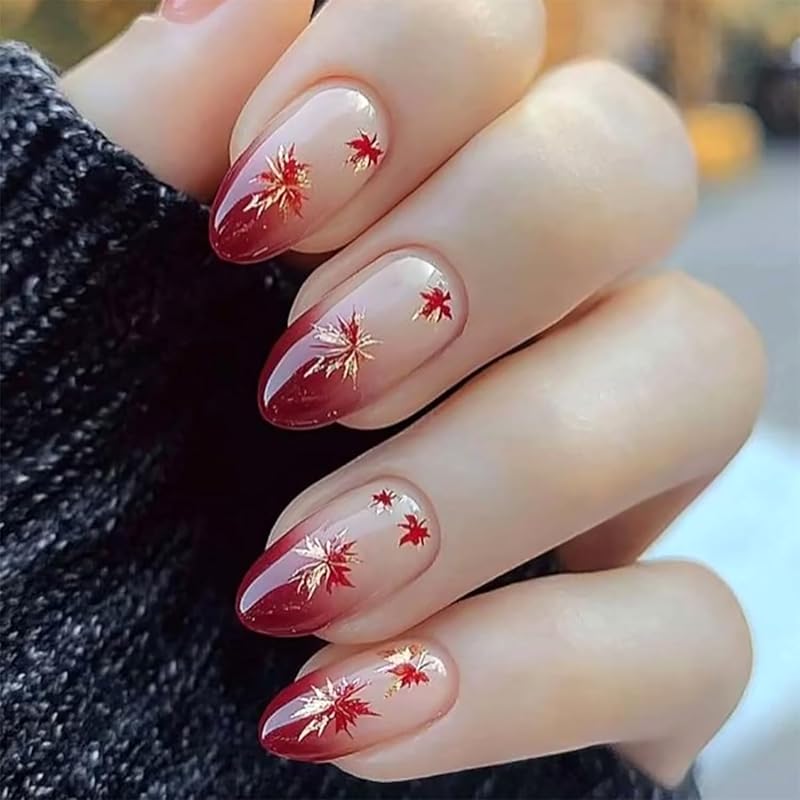 Fall Leaf Press On Nails Thanksgiving Fake Nails with Rhinestones Design Long Almond Autumn Acrylic Nail Glossy Maple Leaves Glue On Nail for Women