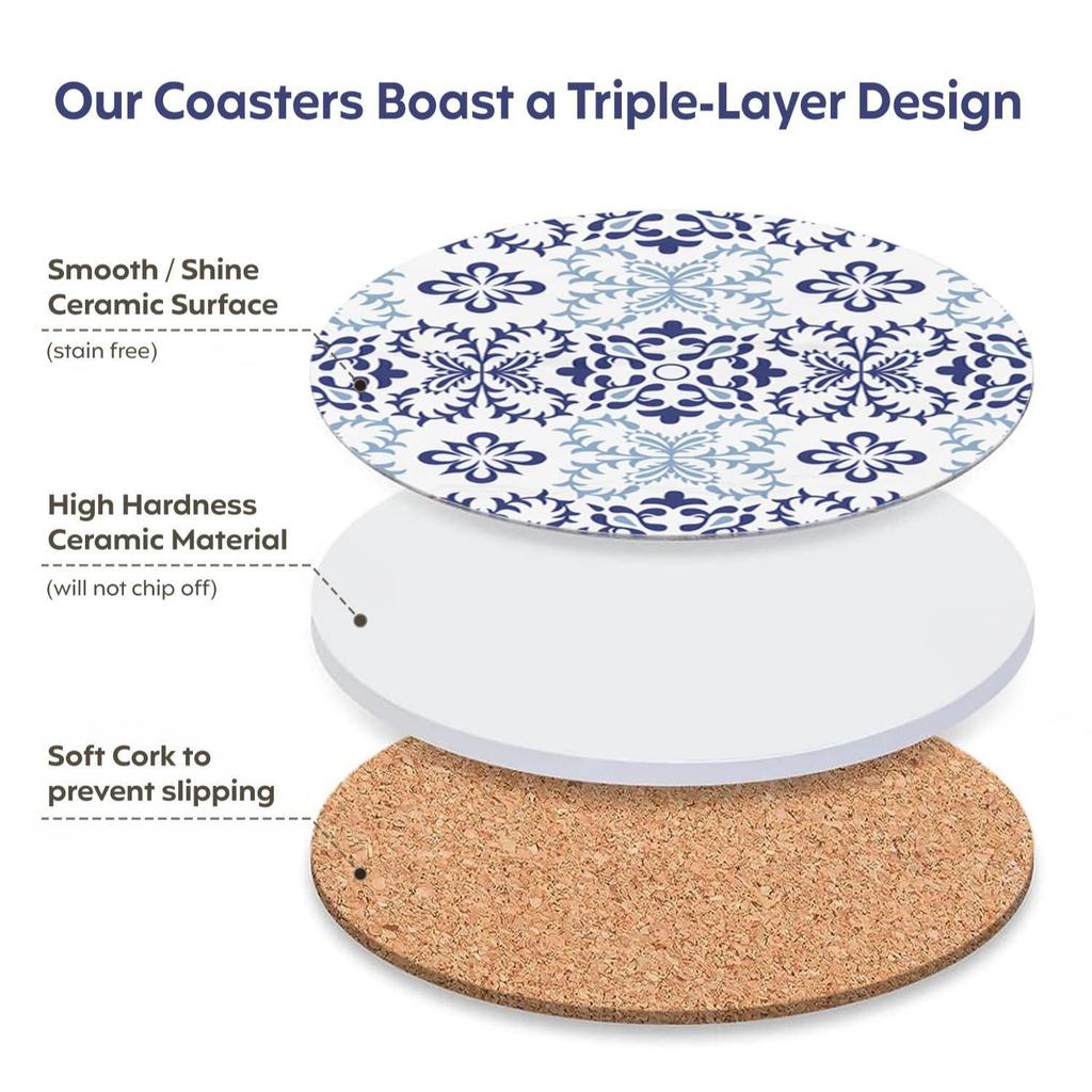Ceramic Coasters with Matt Finish On Top & Cork Base | Coasters for Cups Set of 6
