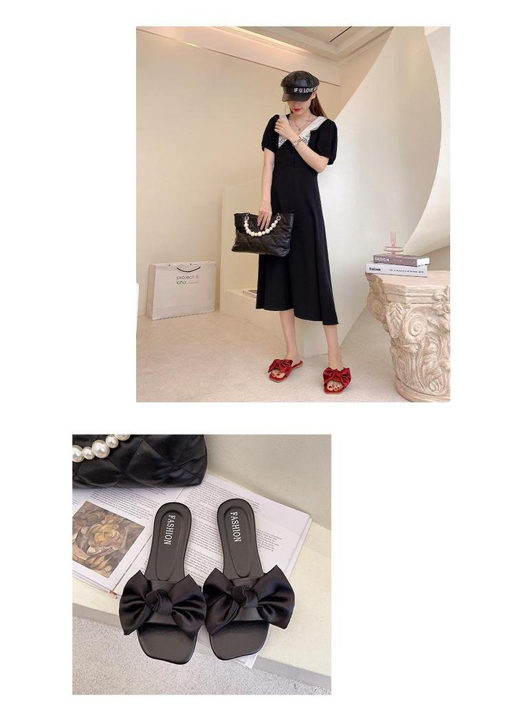 2025 Spring/Summer Women's Square Toe Open Toe Bowknot Slides