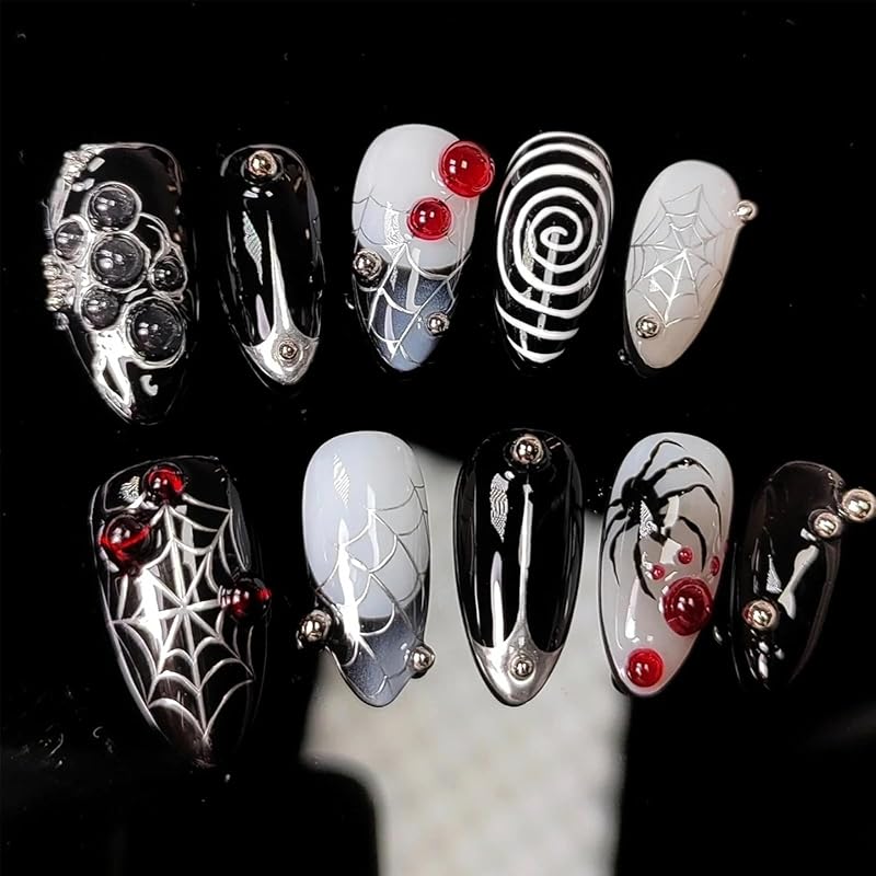 Pink French Tip Press on Nails Medium Almond Fake Nails with 3D Flower Designs Glossy Acrylic False Nails Golden Bead Artificial Glue on Nail