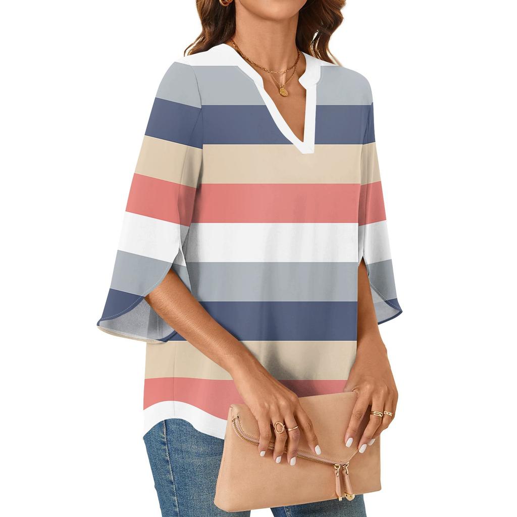Womens Tops 3/4 Tiered Bell Sleeve V Neck Stripes Printed  Blouses Work Tunic Shirts