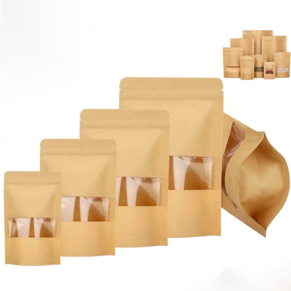 50pcs with Window Kraft Paper Self Sealing Bags Stand Up Food Storage Pouch  Business