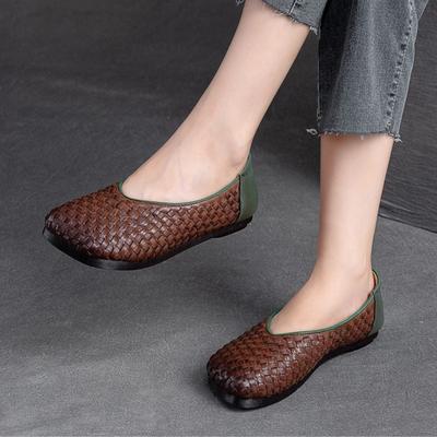 Vintage Çok Yönlü Hakiki Deri Dokuma Düz Ayakkabı El Yapımı Kare Burunlu Sığ Yumuşak Taban Slip-on Ayakkabı