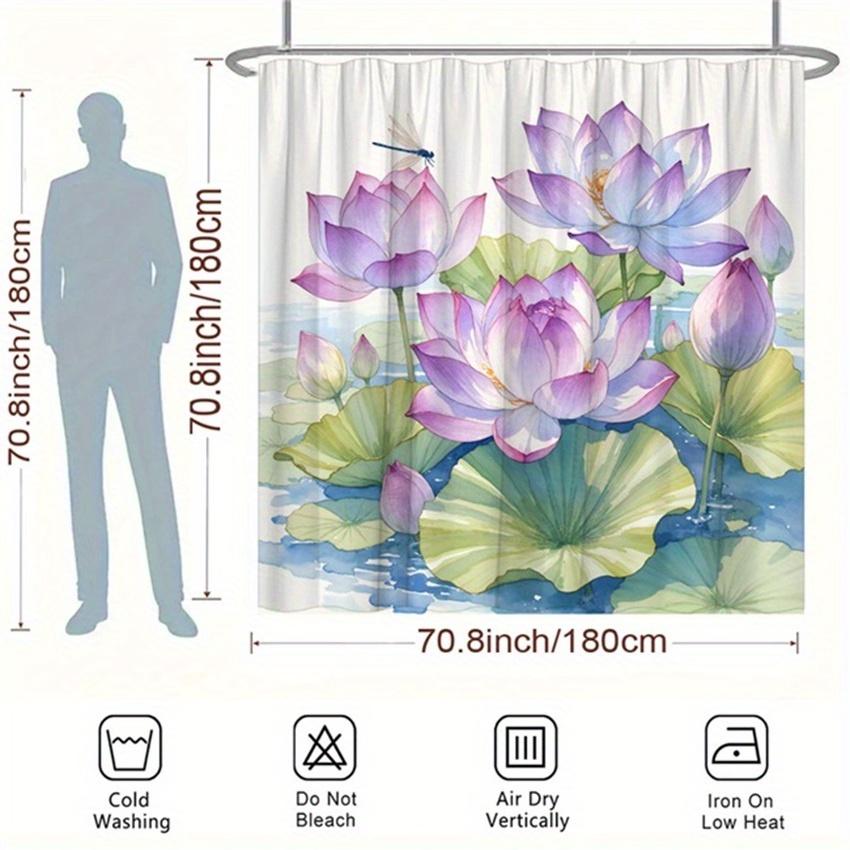 1pc Purple Lotus Shower Curtain - Watercolor Dragonfly & Green Leaves, Polyester, 12 Hooks, 70.8x70.8", Serene Design