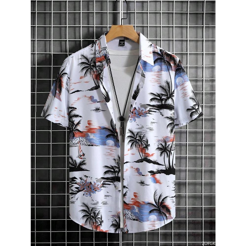 Hawaiian Style Fresh Coconut Print Men's Short-sleeved Fashion Shirt Men's Summer Outdoor Vacation Fashion Short-sleeved Shirt