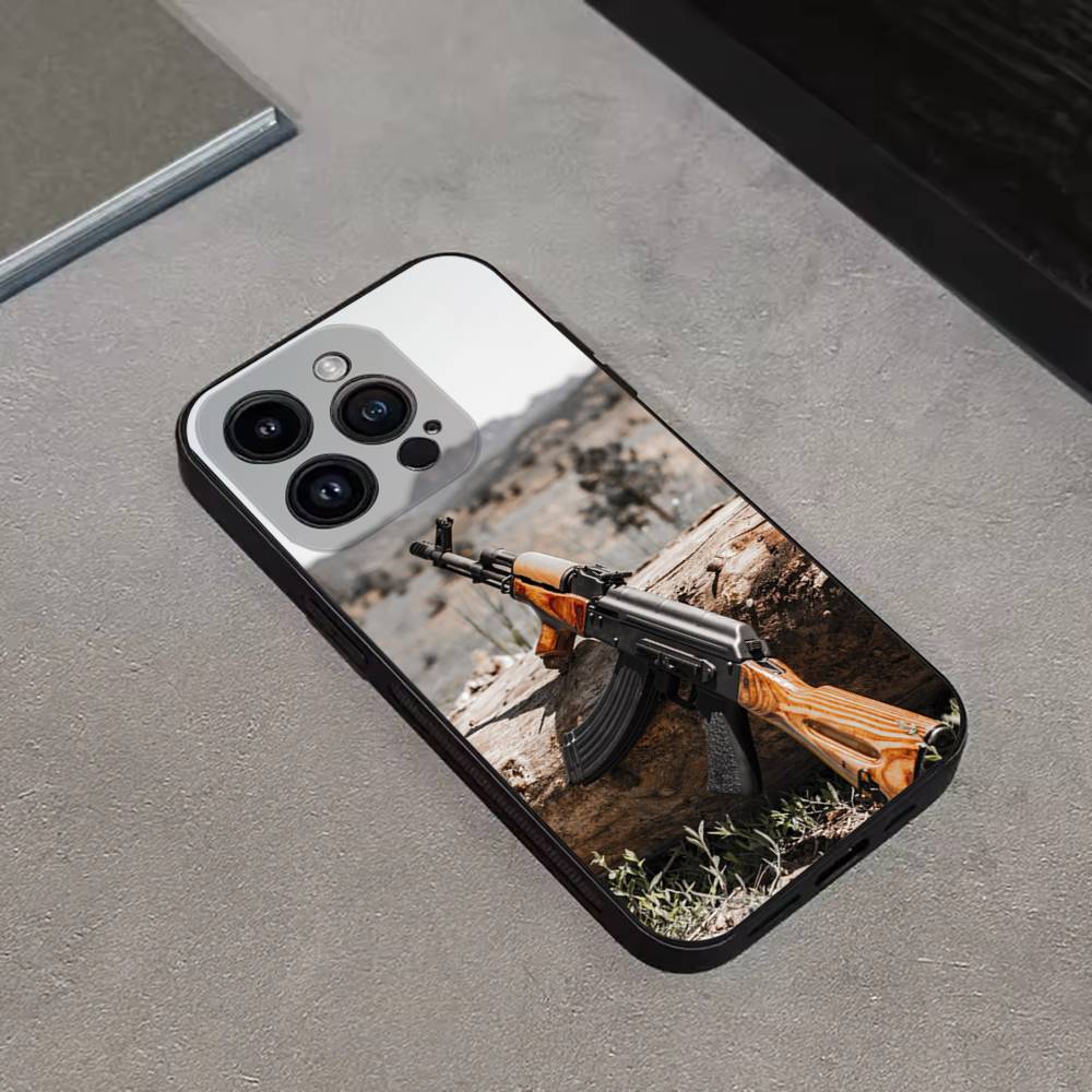 AK47 Handgun Gun BUllets Phone Case For iPhone 16,15,14,13,12,11 Plus,Pro Max,XS,X,XR,SE,Mini,8,7,Soft Silicone Black Cover