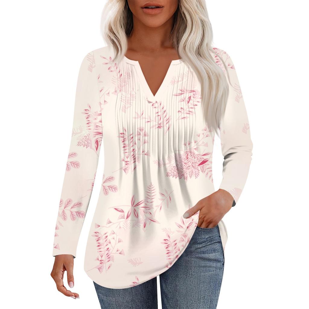 Damenmode Lässig Plissiert V-Ausschnitt Einfarbig Langarm T-Shirt Elegante Oberteile