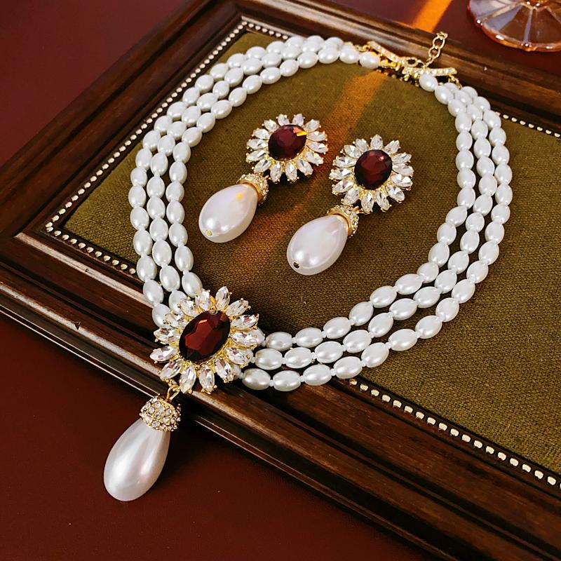 Flower Rhinestone Drop Simulation Pearl Necklace Earring Set French Style Chain Jewelry Sets for Women
