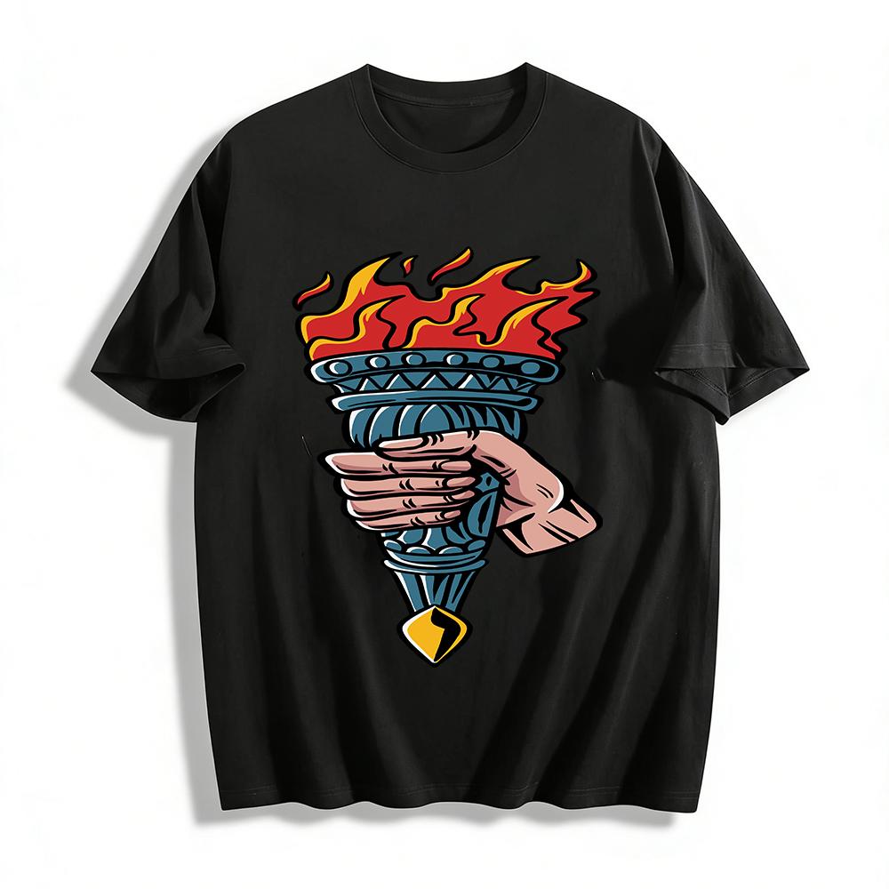 

Vintage Torch Grip Print Short Sleeve Trendy American Street Casual T-Shirt Pure cotton T-shirt 6XL
