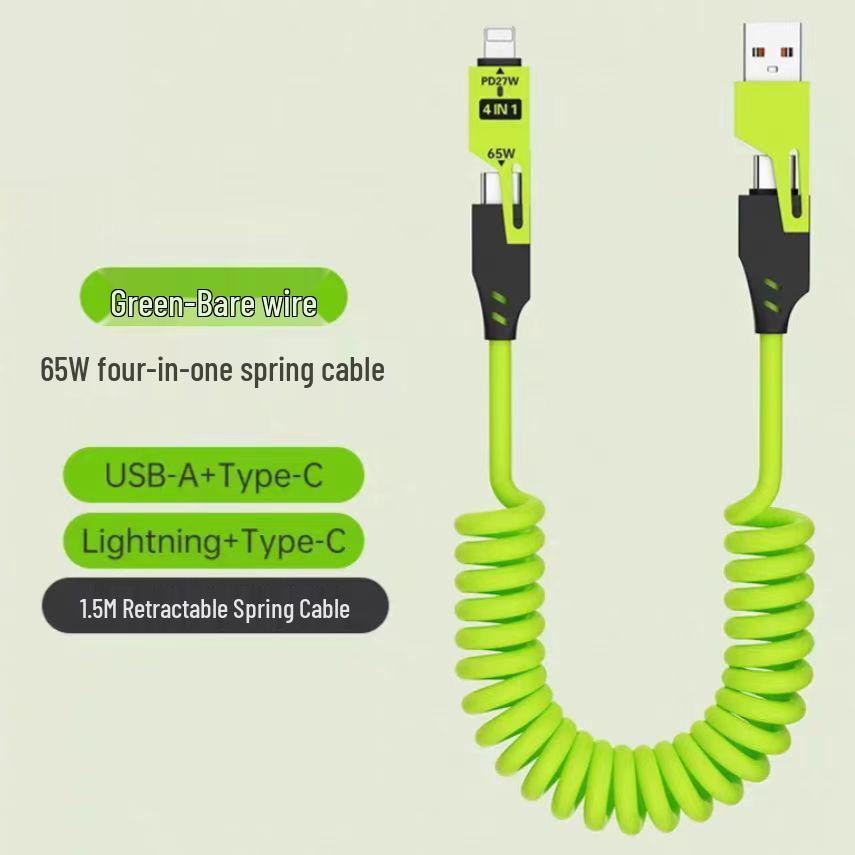 Cross-Border 4-in-1 Spring Retractable Data Cable for Apple 16 & Huawei, 65W Super Fast Charging