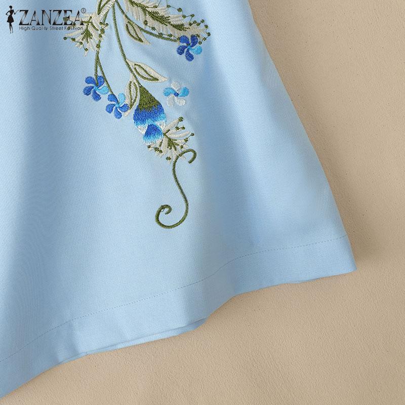 ZANZEA Women Summer Square Collar Casual Short Sleeve Embroidery Blouse