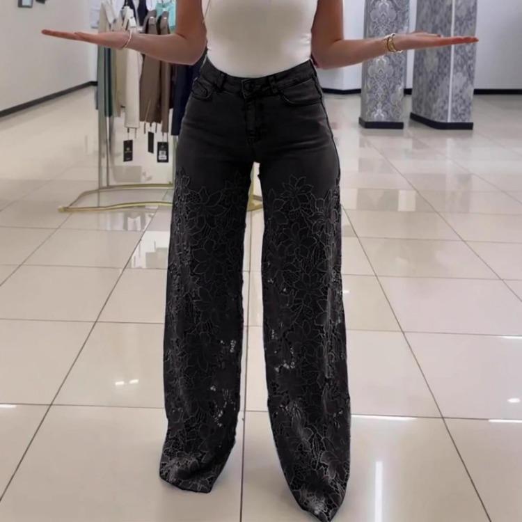 

Women s Casual Denim Pants Solid Color Slim Fit Drape Design Versatile Lace Patchwork XXL чорний