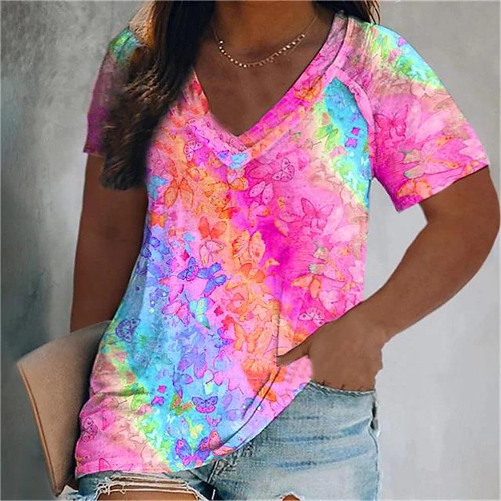 Fashion V-Neck Short Sleeve Colorful Tassels Print T-Shirts Summer Casual Elegant Women's Large Size T-Shirts