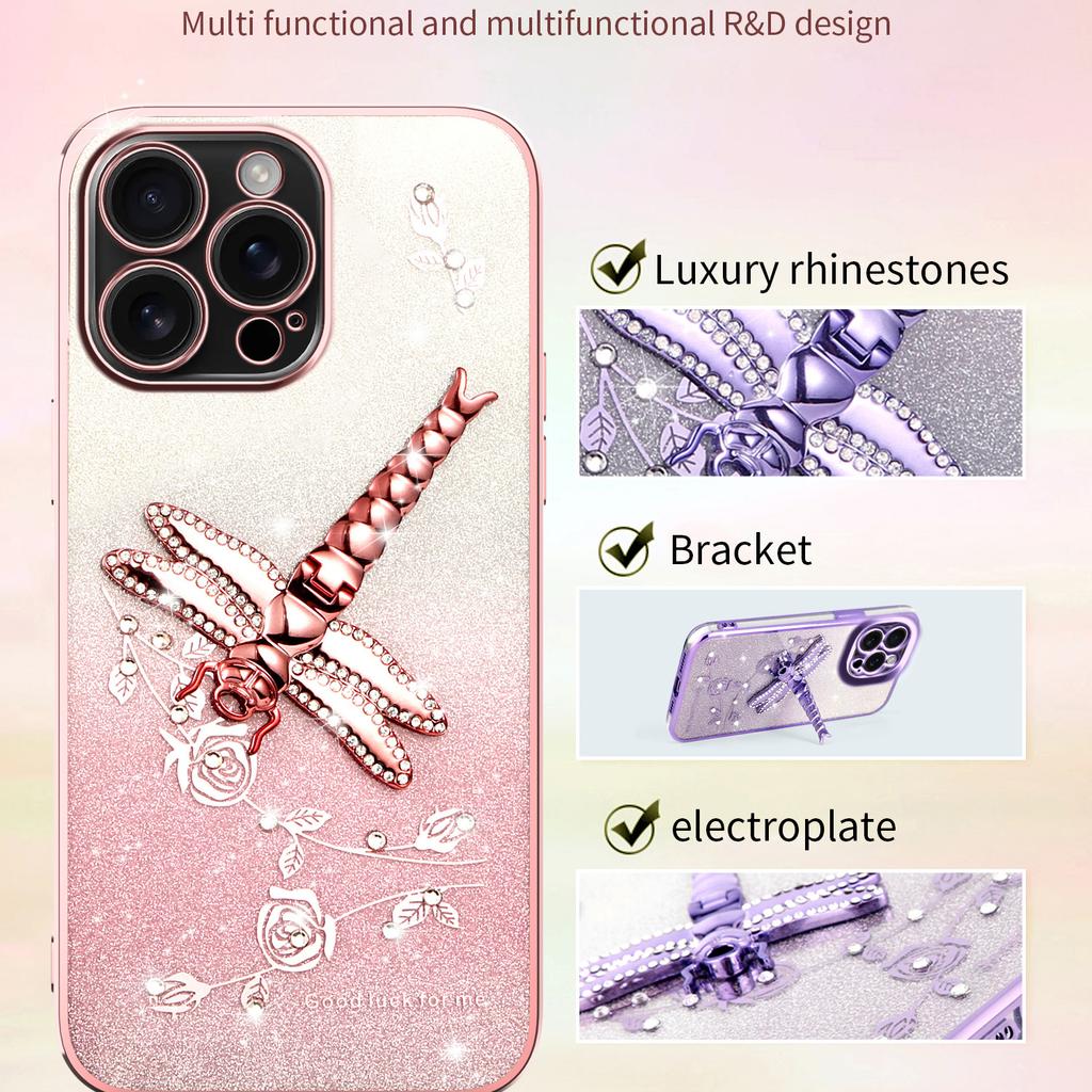 KADEM For iPhone 16 Pro Max Case Dragonfly Kickstand TPU Flowers Glitter Phone Cover