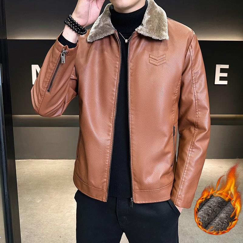 Mens Fleece-Lined Thickened Faux Leather Jacket Warm Winter Coat Middle-Aged Men Loose Fit Stand Collar Zipper Front