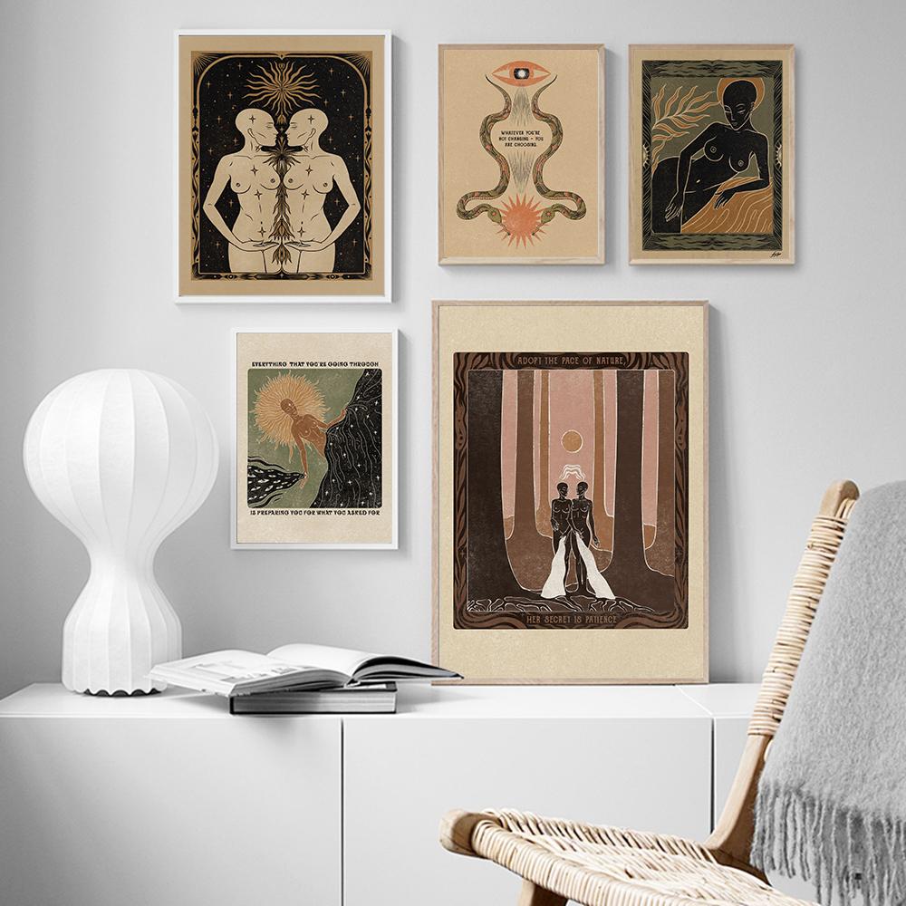 Abstract Vintage Snake Spiritual Art Poster Boho Retro Sun Nude Gril Body Feminist Forest Cavnas Painting Living Room Home Decor