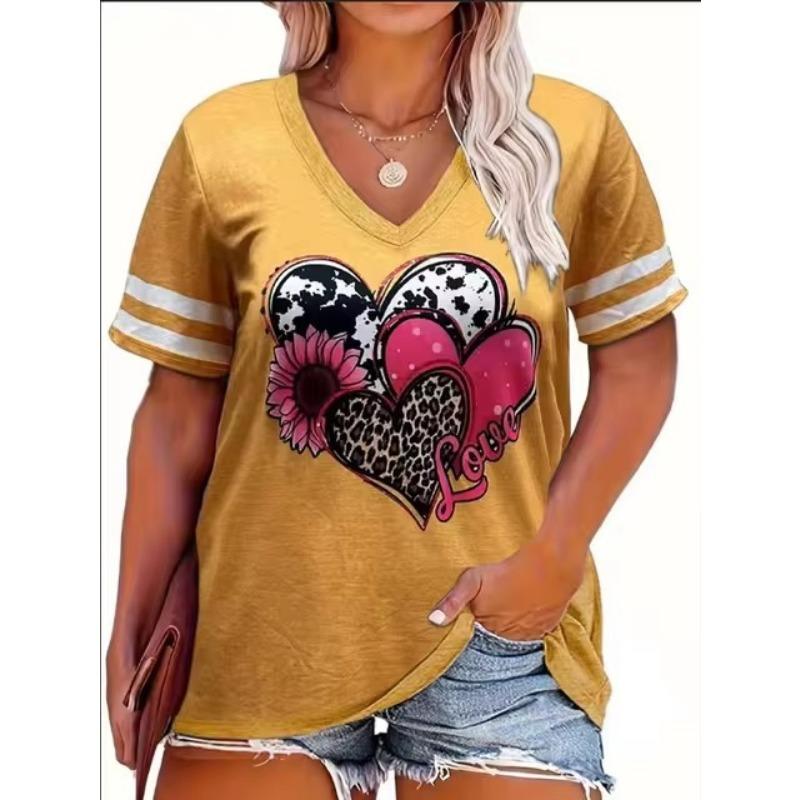 Plus Size Spring/Summer New 3D Love Print Casual Fashion Women's V-Neck Short-Sleeved Loose T-Shirt 5XL