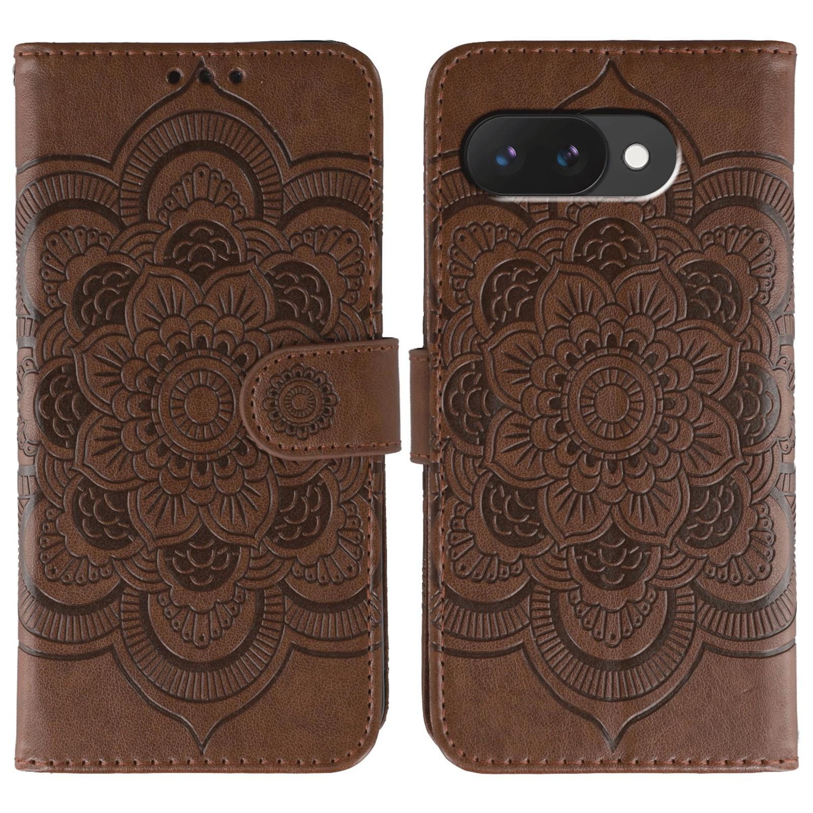 

For Google Pixel 9a Case PU Leather Mandala Imprinted Design Wallet Phone Cover Brown